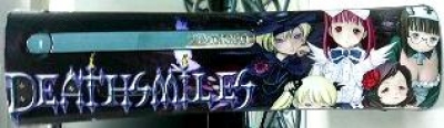 Death Smiles is a 2D sid scrolling shoot-em-up (shmup)made by Japanese developer Cave. The game will be distributed by Atlus. It is unknown if it will be released in the US or just Japan. Death Smiles is based on an arcade game and will be released on the 360. Death Smiles 2 is already in the works although DS1 doesn't come out until April, 2009. This plate was spotted at a preview event. It is unknown if it will be available to the public in any way.
