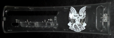 This is a clear faceplate painted with the halo UNSCDF Marine insignia.