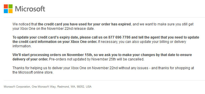 Xbox One Credit Card Expire