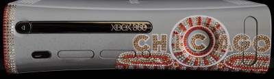 This plate was made for Wiseguy, a friend of the creator and Microsoft MVP. The image is two-tone gray with Swarovski crystals representing the lights of the famous Chicago Theater sign.