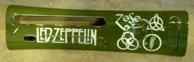 Led Zeppelin band logo with symbols, painted onto a plate in Halo style, with MC green coloring and battle damage.